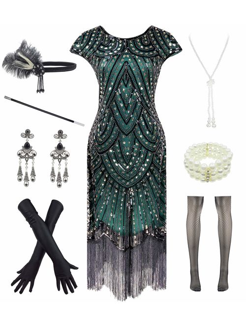 Women 1920s Vintage Flapper Fringe Beaded Gatsby Party Dress with 20s Accessories Set