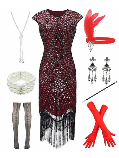 Women 1920s Vintage Flapper Fringe Beaded Gatsby Party Dress with 20s Accessories Set