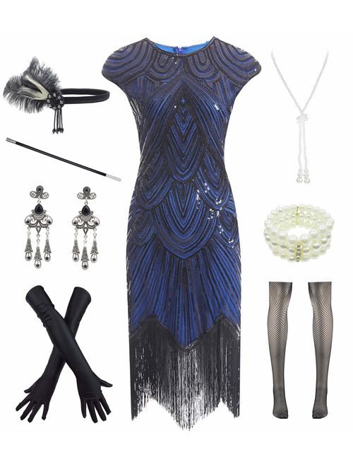 Women 1920s Vintage Flapper Fringe Beaded Gatsby Party Dress with 20s Accessories Set