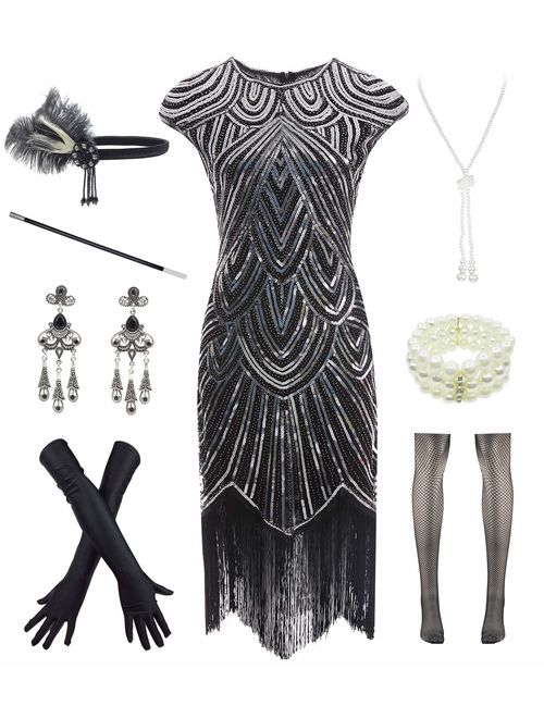 Women 1920s Vintage Flapper Fringe Beaded Gatsby Party Dress with 20s Accessories Set