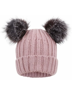 Arctic Paw Cable Knit Beanie with Faux Fur Pompom Ears