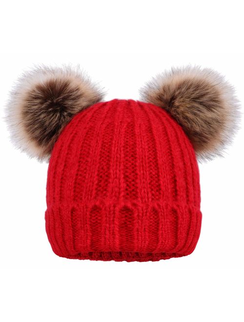 Arctic Paw Cable Knit Beanie with Faux Fur Pompom Ears