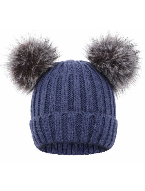 Arctic Paw Cable Knit Beanie with Faux Fur Pompom Ears