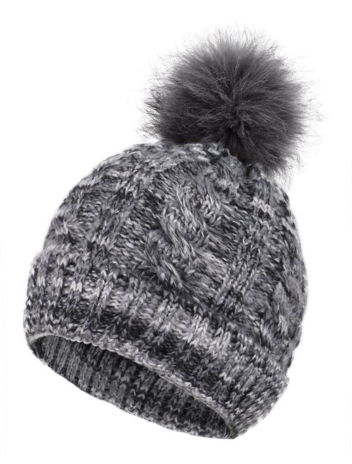 Arctic Paw Cable Knit Beanie with Faux Fur Pompom Ears