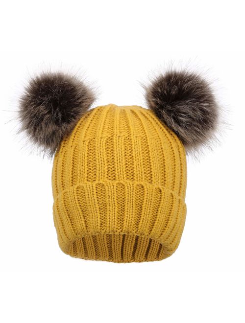 Arctic Paw Cable Knit Beanie with Faux Fur Pompom Ears