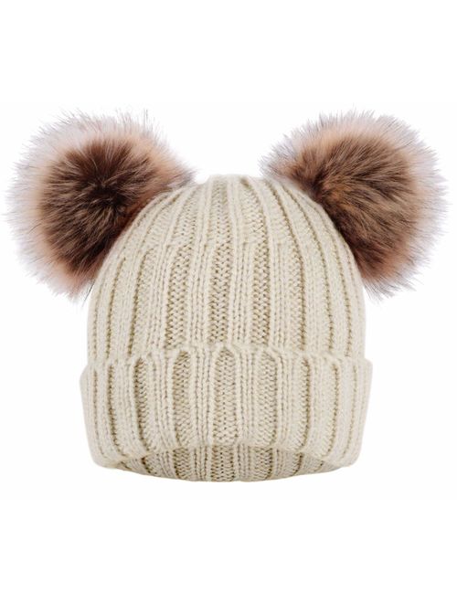 Arctic Paw Cable Knit Beanie with Faux Fur Pompom Ears