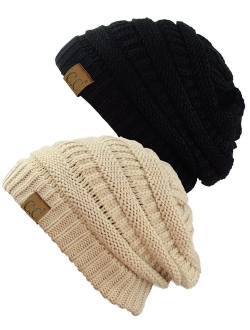 C.C Trendy Warm Chunky Soft Stretch Cable Knit Beanie Skully, 2 Pack