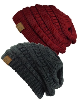 C.C Trendy Warm Chunky Soft Stretch Cable Knit Beanie Skully, 2 Pack