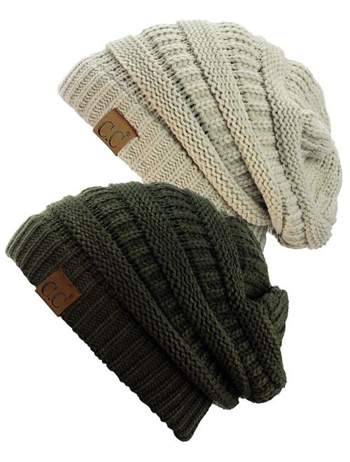 C.C Trendy Warm Chunky Soft Stretch Cable Knit Beanie Skully, 2 Pack