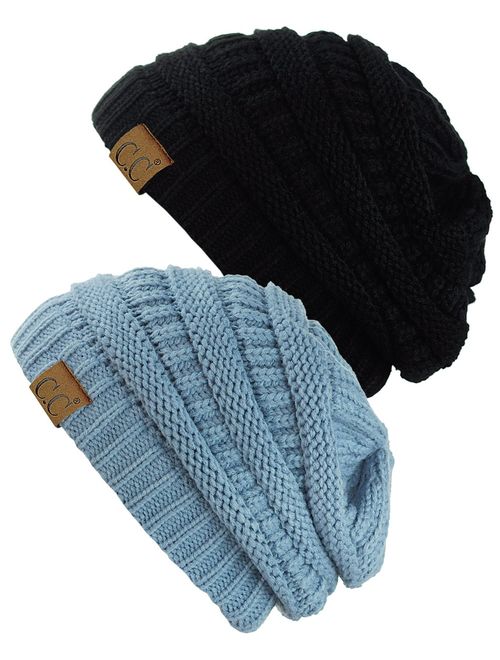 C.C Trendy Warm Chunky Soft Stretch Cable Knit Beanie Skully, 2 Pack