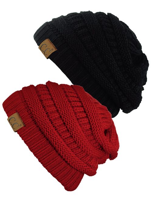 C.C Trendy Warm Chunky Soft Stretch Cable Knit Beanie Skully, 2 Pack