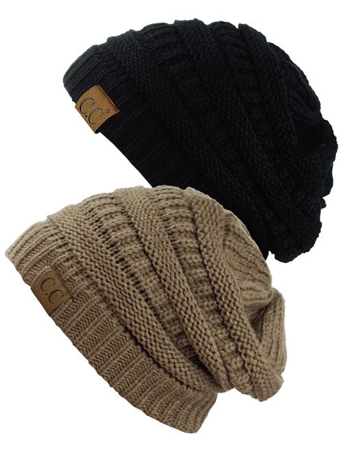 C.C Trendy Warm Chunky Soft Stretch Cable Knit Beanie Skully, 2 Pack