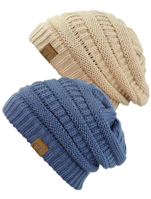 C.C Trendy Warm Chunky Soft Stretch Cable Knit Beanie Skully, 2 Pack