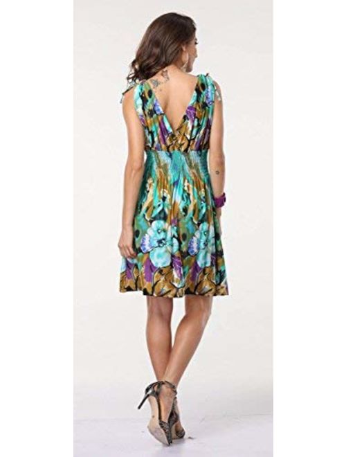 JINHUANSHOW Women's Casual Low-Cut V-Neck Backless Printed Dresses