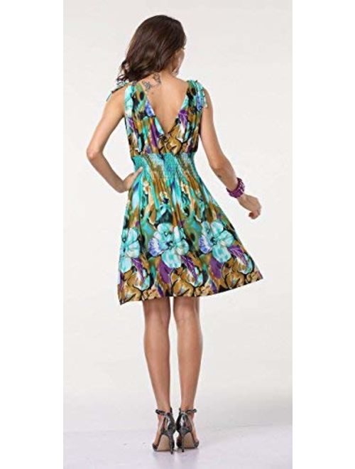 JINHUANSHOW Women's Casual Low-Cut V-Neck Backless Printed Dresses