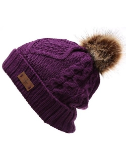 ANGELA & WILLIAM Women's Winter Fleece Lined Cable Knitted Pom Pom Beanie Hat