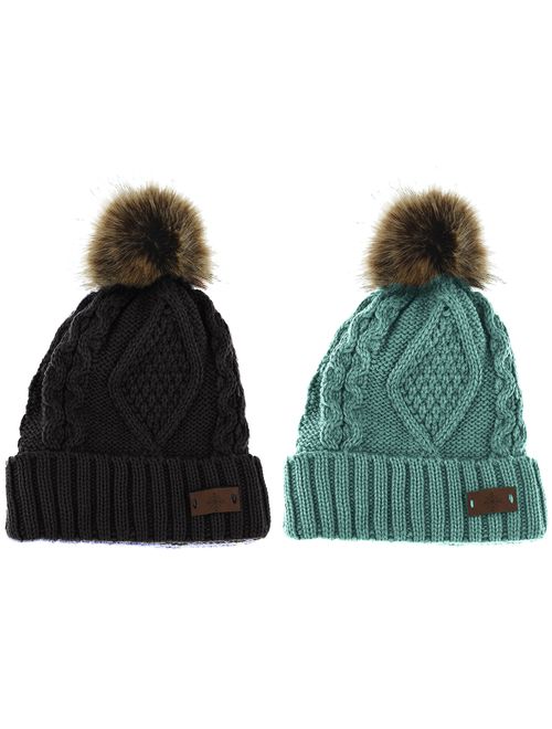 ANGELA & WILLIAM Women's Winter Fleece Lined Cable Knitted Pom Pom Beanie Hat