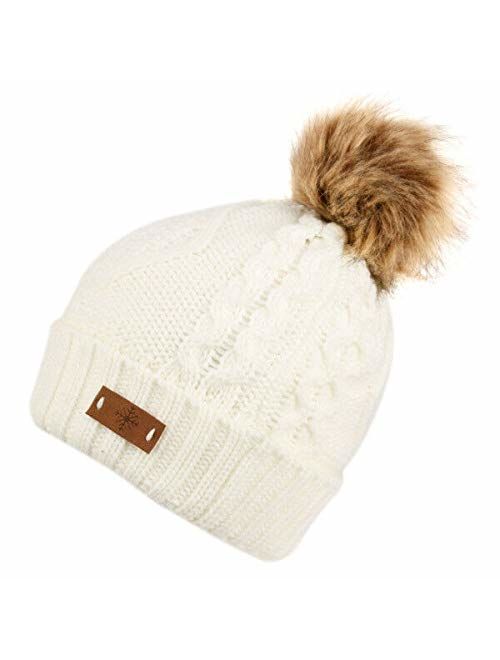 ANGELA & WILLIAM Women's Winter Fleece Lined Cable Knitted Pom Pom Beanie Hat