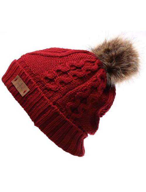 ANGELA & WILLIAM Women's Winter Fleece Lined Cable Knitted Pom Pom Beanie Hat