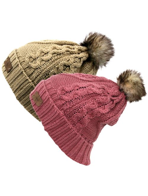 ANGELA & WILLIAM Women's Winter Fleece Lined Cable Knitted Pom Pom Beanie Hat