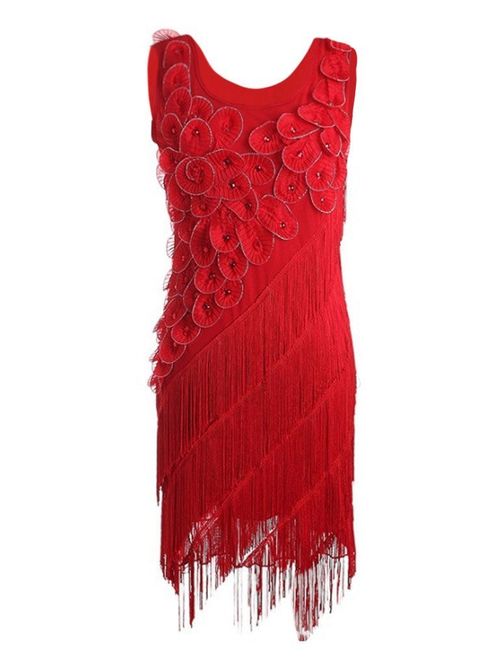 PrettyGuide Women's 1920s Beaded Fringe Scalloped Petal Plus Size Embellished Flapper Dress