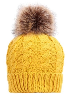 Simplicity Womens Winter Hand Knit Faux Fur Pompoms Beanie Hat