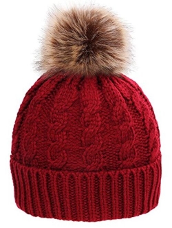 Simplicity Womens Winter Hand Knit Faux Fur Pompoms Beanie Hat