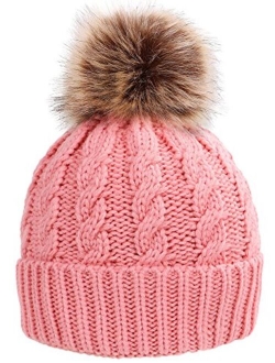 Simplicity Womens Winter Hand Knit Faux Fur Pompoms Beanie Hat