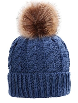 Simplicity Womens Winter Hand Knit Faux Fur Pompoms Beanie Hat