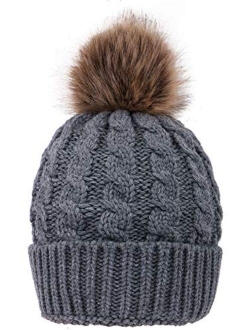 Simplicity Womens Winter Hand Knit Faux Fur Pompoms Beanie Hat