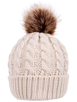 Simplicity Womens Winter Hand Knit Faux Fur Pompoms Beanie Hat