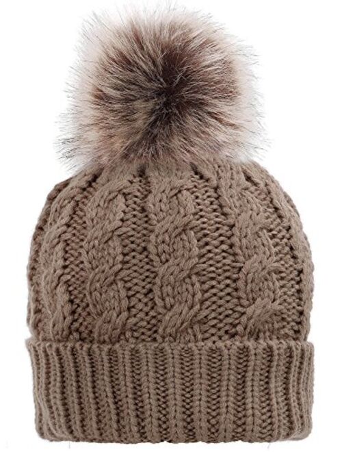 Simplicity Womens Winter Hand Knit Faux Fur Pompoms Beanie Hat