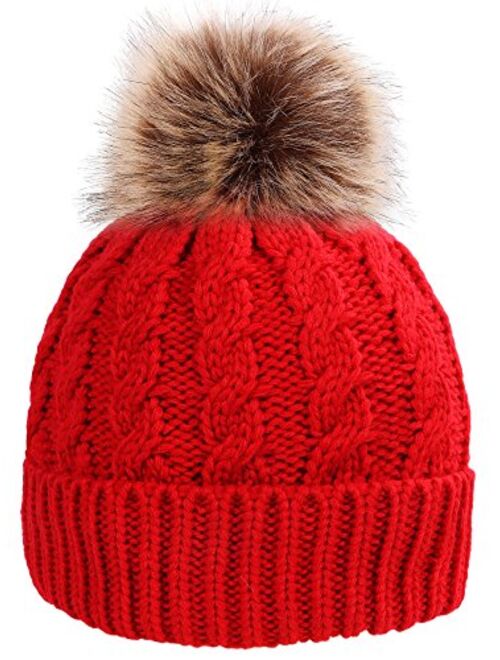 Simplicity Womens Winter Hand Knit Faux Fur Pompoms Beanie Hat