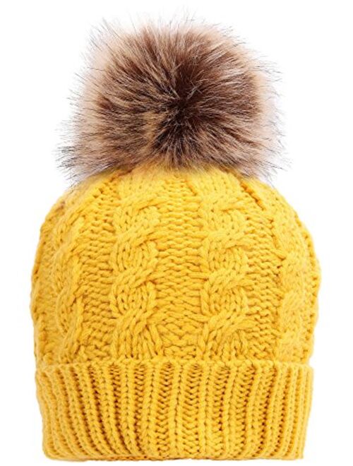 Simplicity Womens Winter Hand Knit Faux Fur Pompoms Beanie Hat