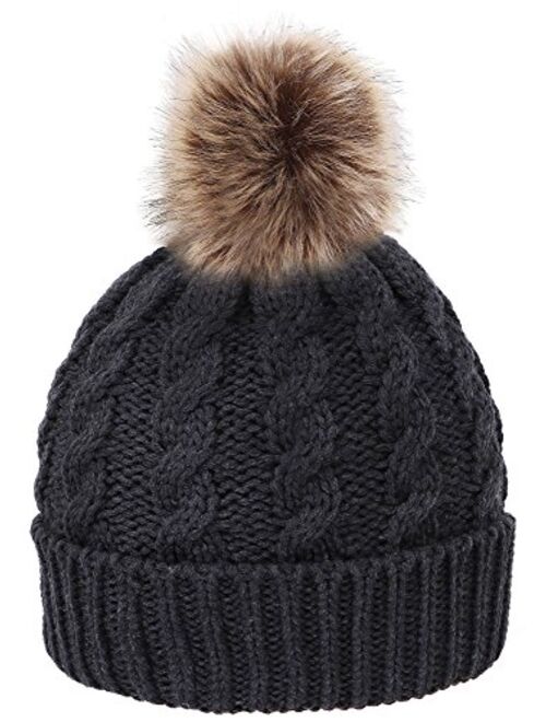 Simplicity Womens Winter Hand Knit Faux Fur Pompoms Beanie Hat