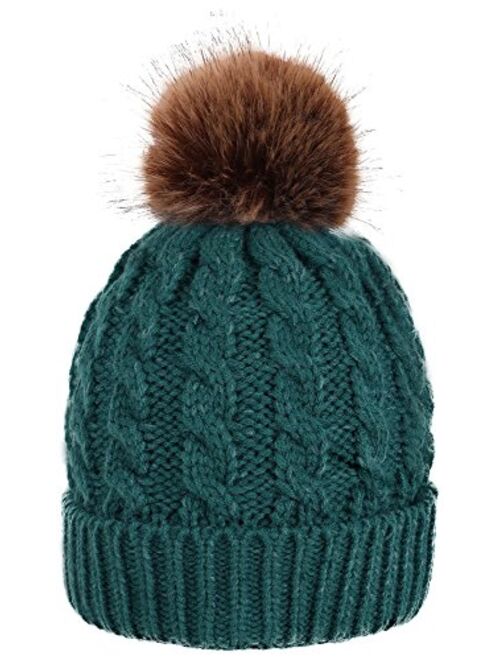 Simplicity Womens Winter Hand Knit Faux Fur Pompoms Beanie Hat