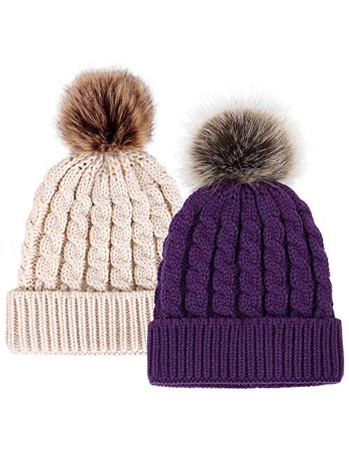 Simplicity Womens Winter Hand Knit Faux Fur Pompoms Beanie Hat