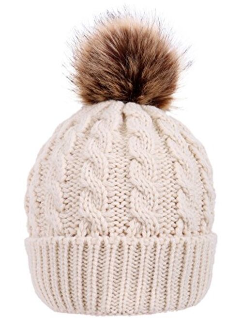 Simplicity Womens Winter Hand Knit Faux Fur Pompoms Beanie Hat