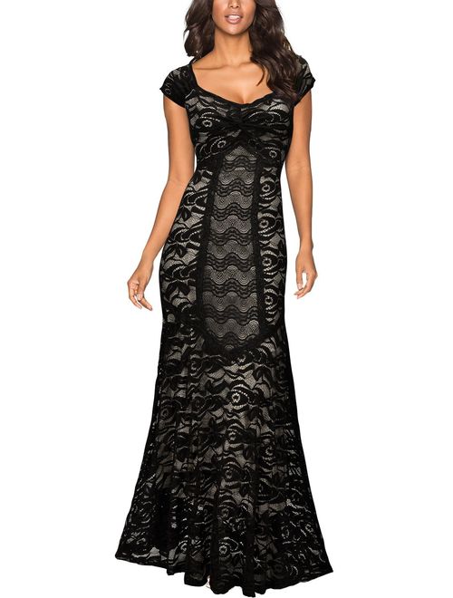 Miusol Women's Retro Flare Lace Split Side Evening Black Maxi Dress