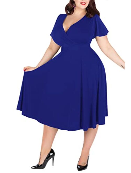 Nemidor Women's V-Neckline Stretchy Casual Midi Plus Size Bridesmaid Dress