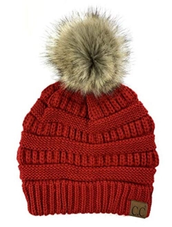 Plum Feathers Soft Stretch Cable Knit Ribbed Faux Fur Pom Pom Beanie Hat