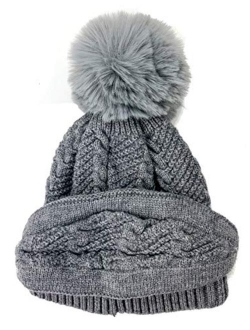 Plum Feathers Soft Stretch Cable Knit Ribbed Faux Fur Pom Pom Beanie Hat