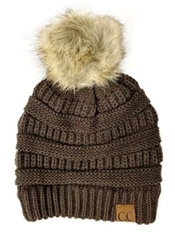 Plum Feathers Soft Stretch Cable Knit Ribbed Faux Fur Pom Pom Beanie Hat