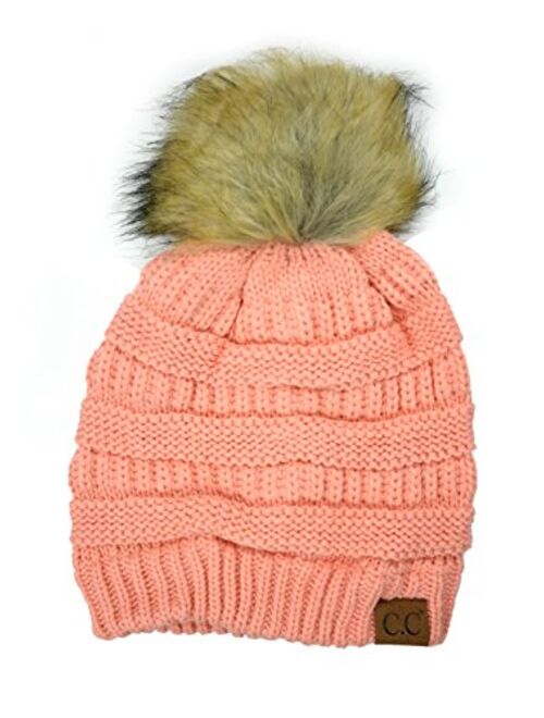 Plum Feathers Soft Stretch Cable Knit Ribbed Faux Fur Pom Pom Beanie Hat