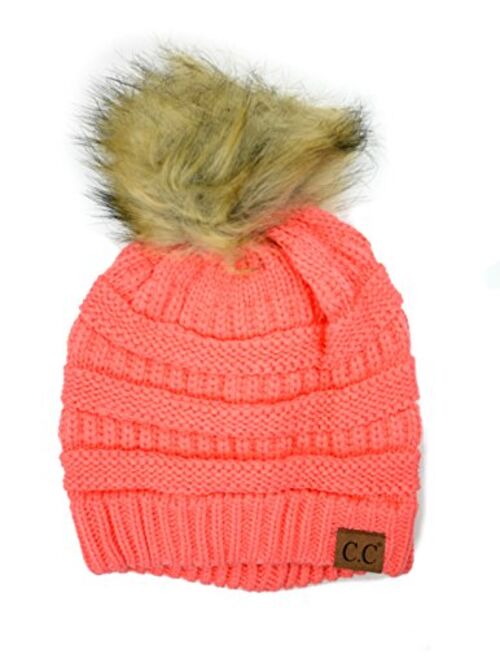 Plum Feathers Soft Stretch Cable Knit Ribbed Faux Fur Pom Pom Beanie Hat