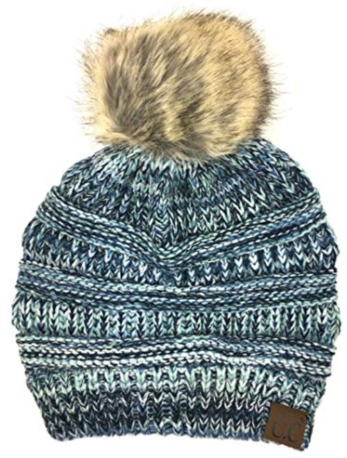 Plum Feathers Soft Stretch Cable Knit Ribbed Faux Fur Pom Pom Beanie Hat