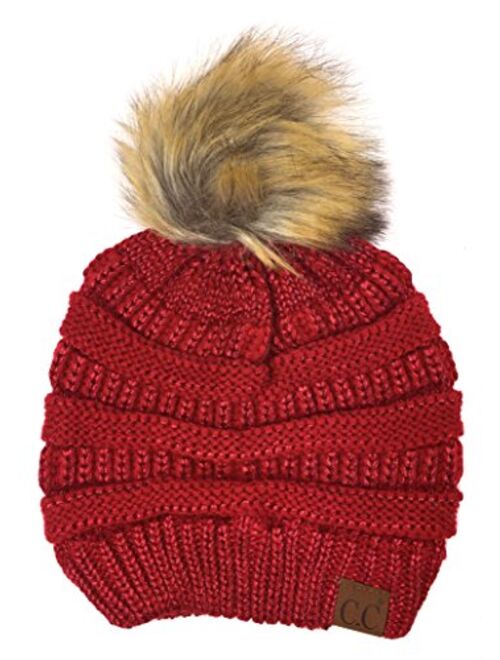 Plum Feathers Soft Stretch Cable Knit Ribbed Faux Fur Pom Pom Beanie Hat