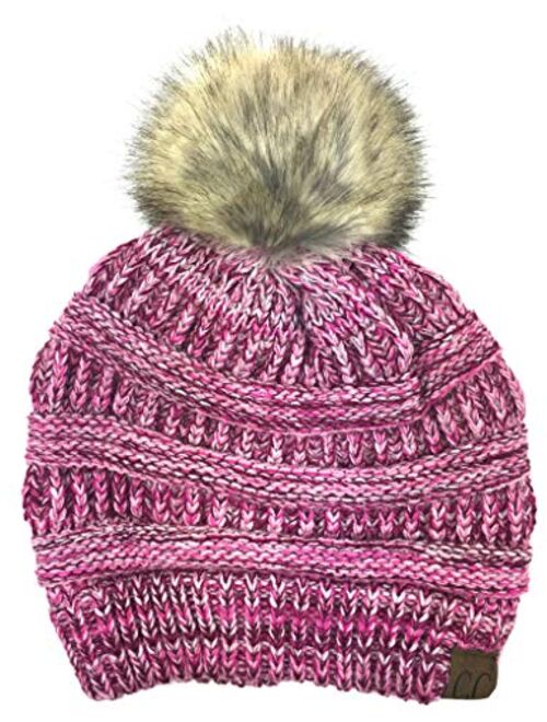 Plum Feathers Soft Stretch Cable Knit Ribbed Faux Fur Pom Pom Beanie Hat