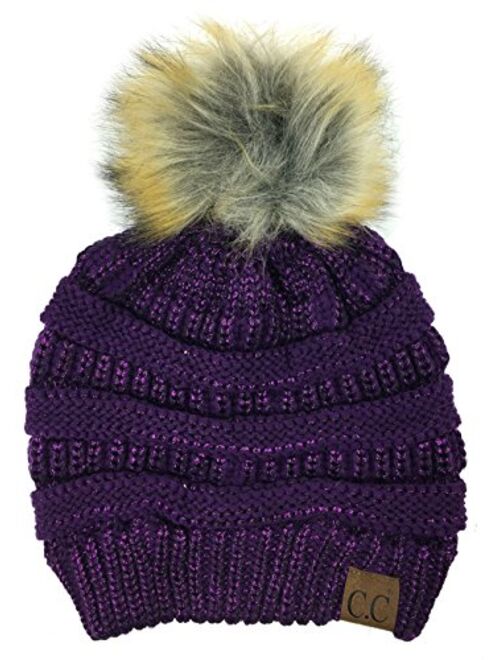 Plum Feathers Soft Stretch Cable Knit Ribbed Faux Fur Pom Pom Beanie Hat