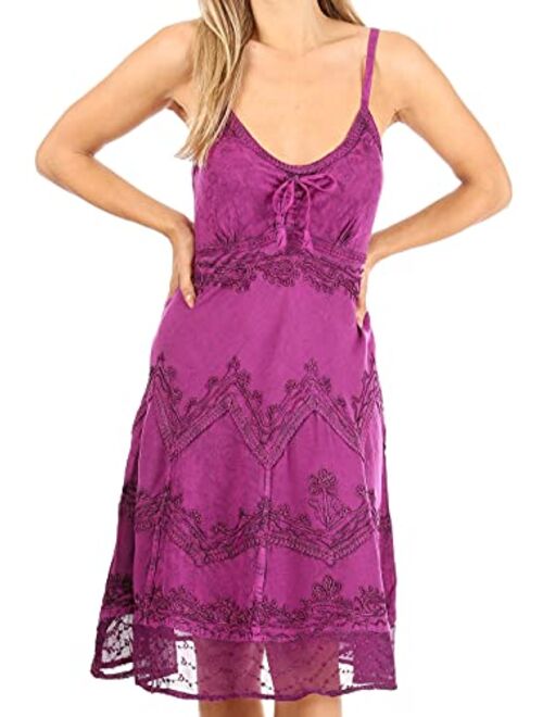 Sakkas Stonewashed Rayon Adjustable Spaghetti Straps Mid Length Dress